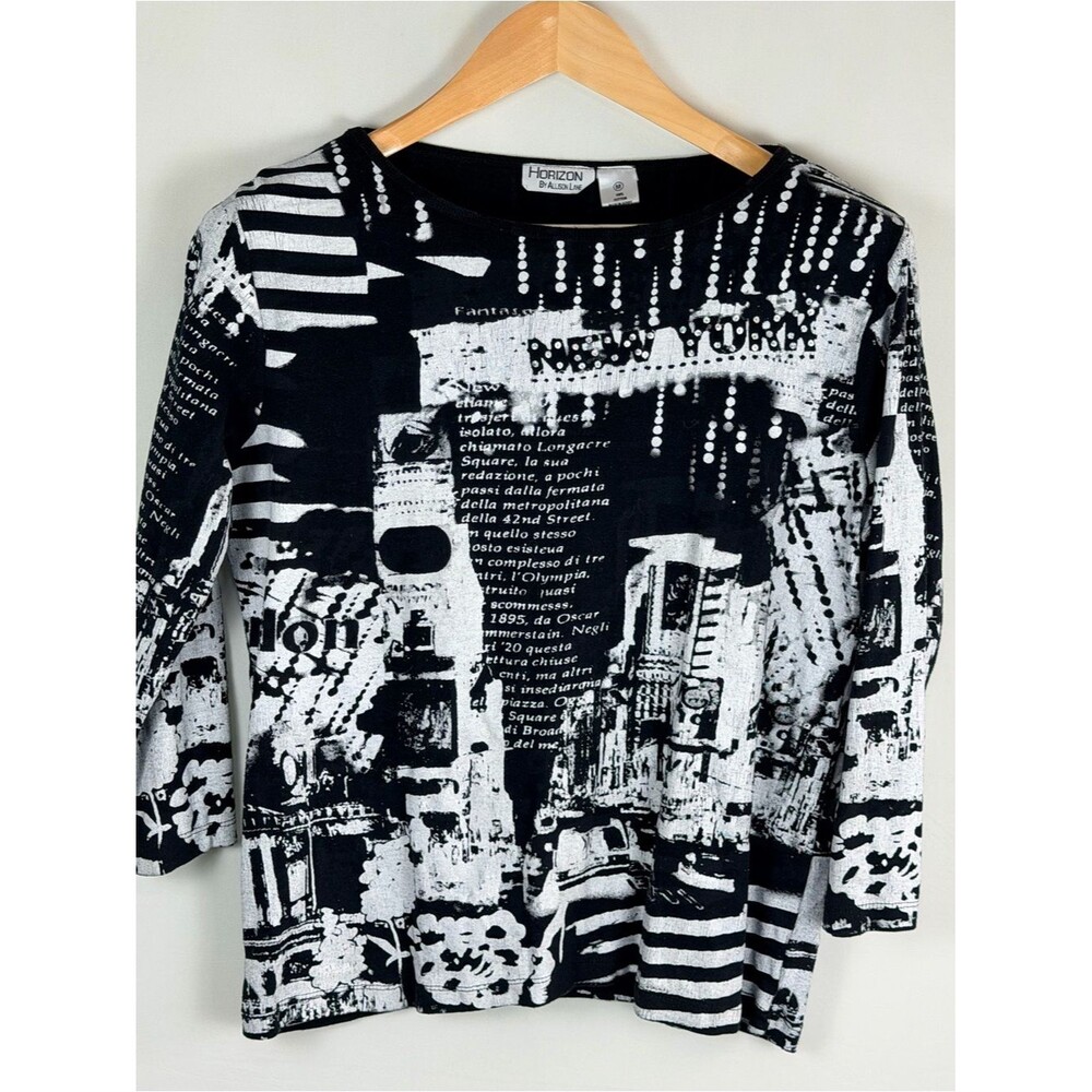 Horizon Allison Lane New York Graphic Top Black White 3/4 Sleeve M